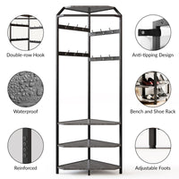 Armadio angolare Garvee con panca portascarpe, 6 ganci doppi, legno robusto, antiribaltamento, per corridoio e ingresso, 70,8 pollici, legno naturale