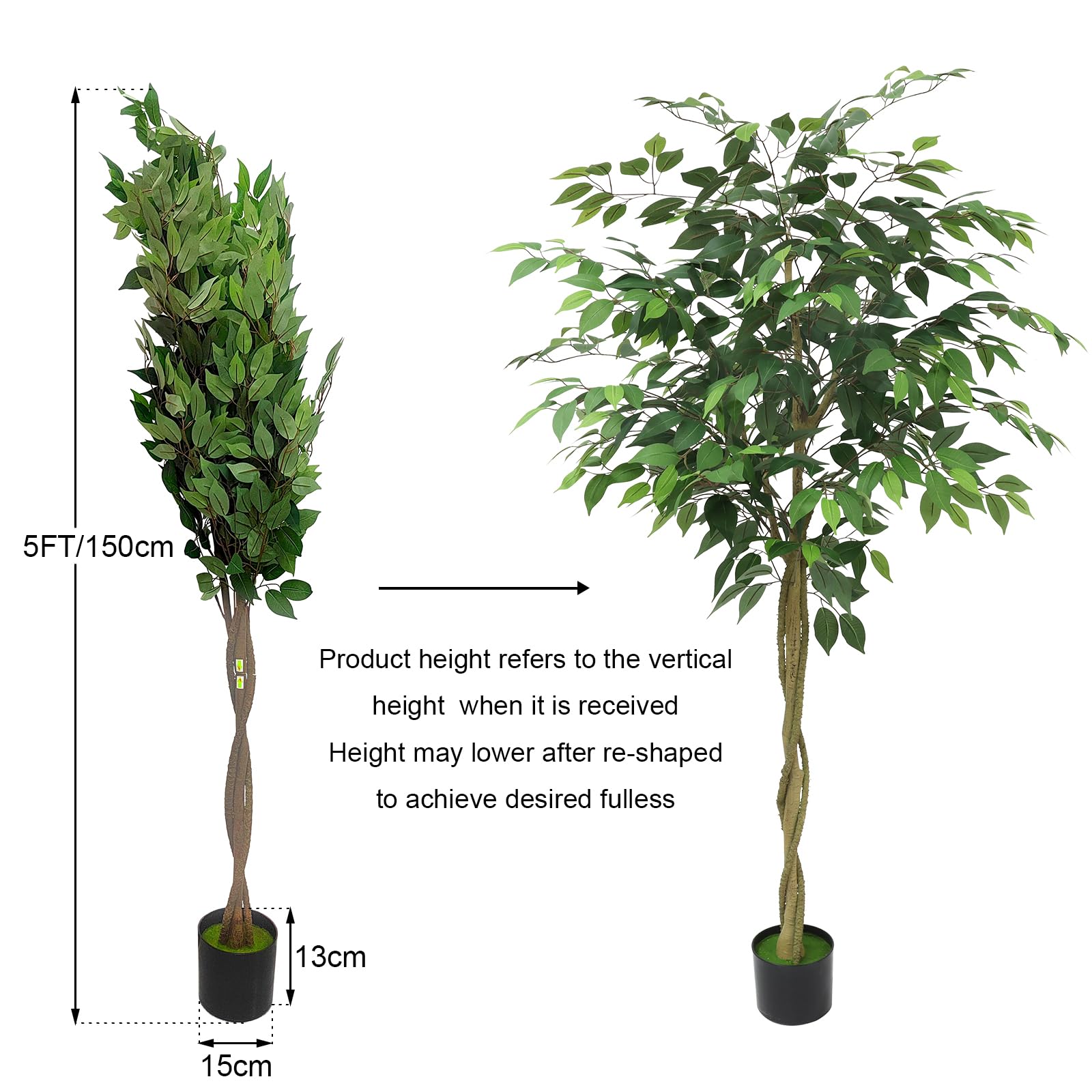 Albero di ficus artificiale Garvee da 5 piedi con tronco e foglie realistici, base in cemento, di facile coltivazione, per decorazione interna e stelle, verde