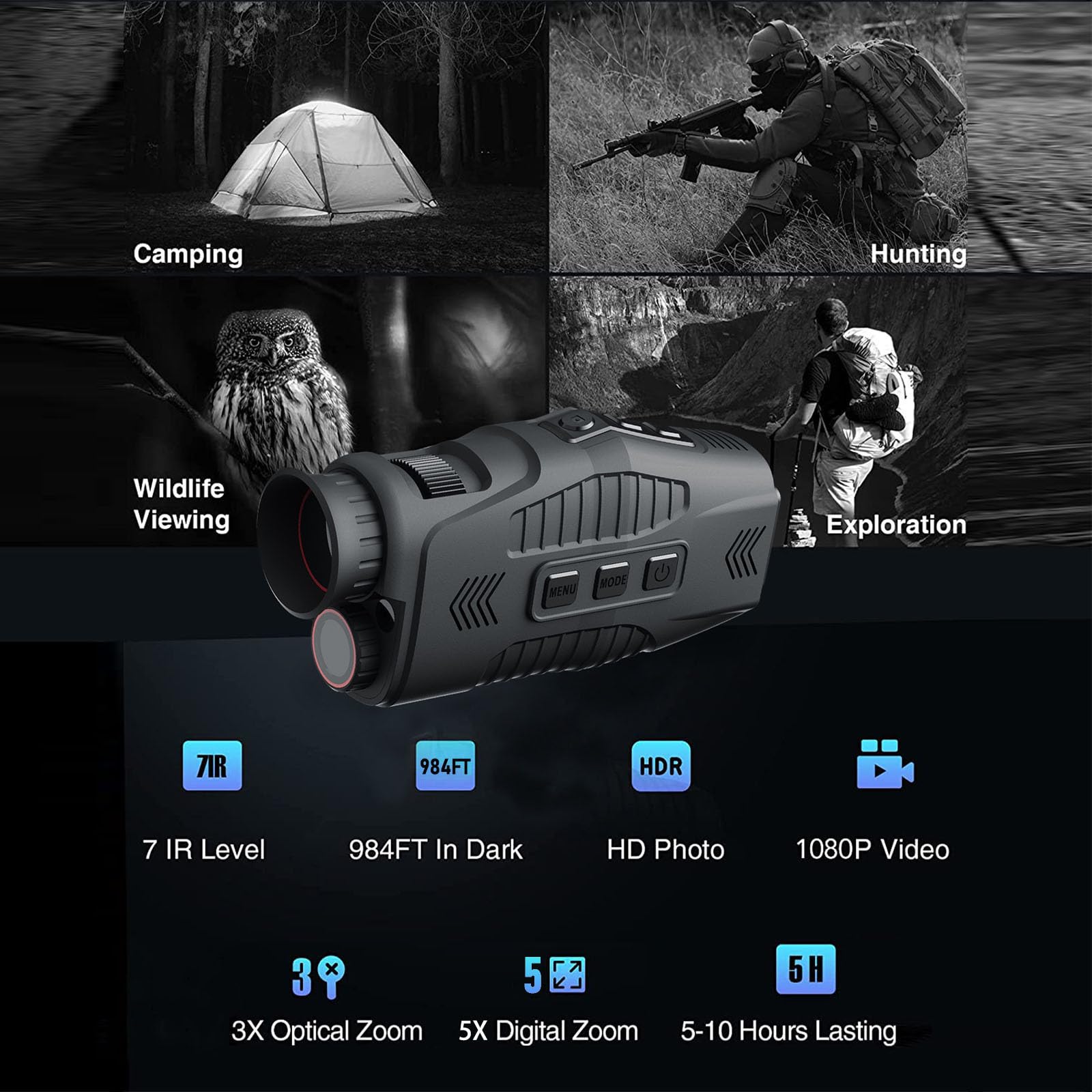 Monoculare Garvee con illuminatore a infrarossi con zoom digitale 5x per osservazione notturna, compatto e robusto, qualità HD