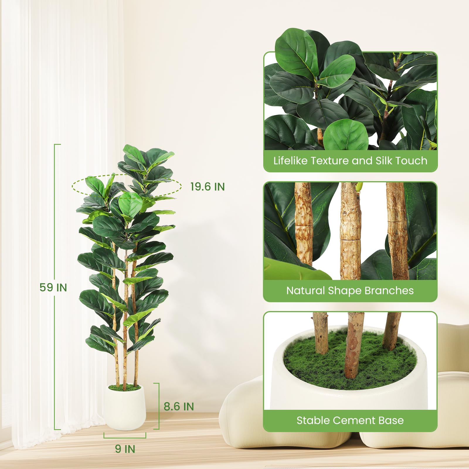 Albero di fico artificiale Garvee da 5 piedi con 56 foglie, vaso in cemento bianco, rami regolabili per decorazioni interne ed esterne, poliestere resistente, verde