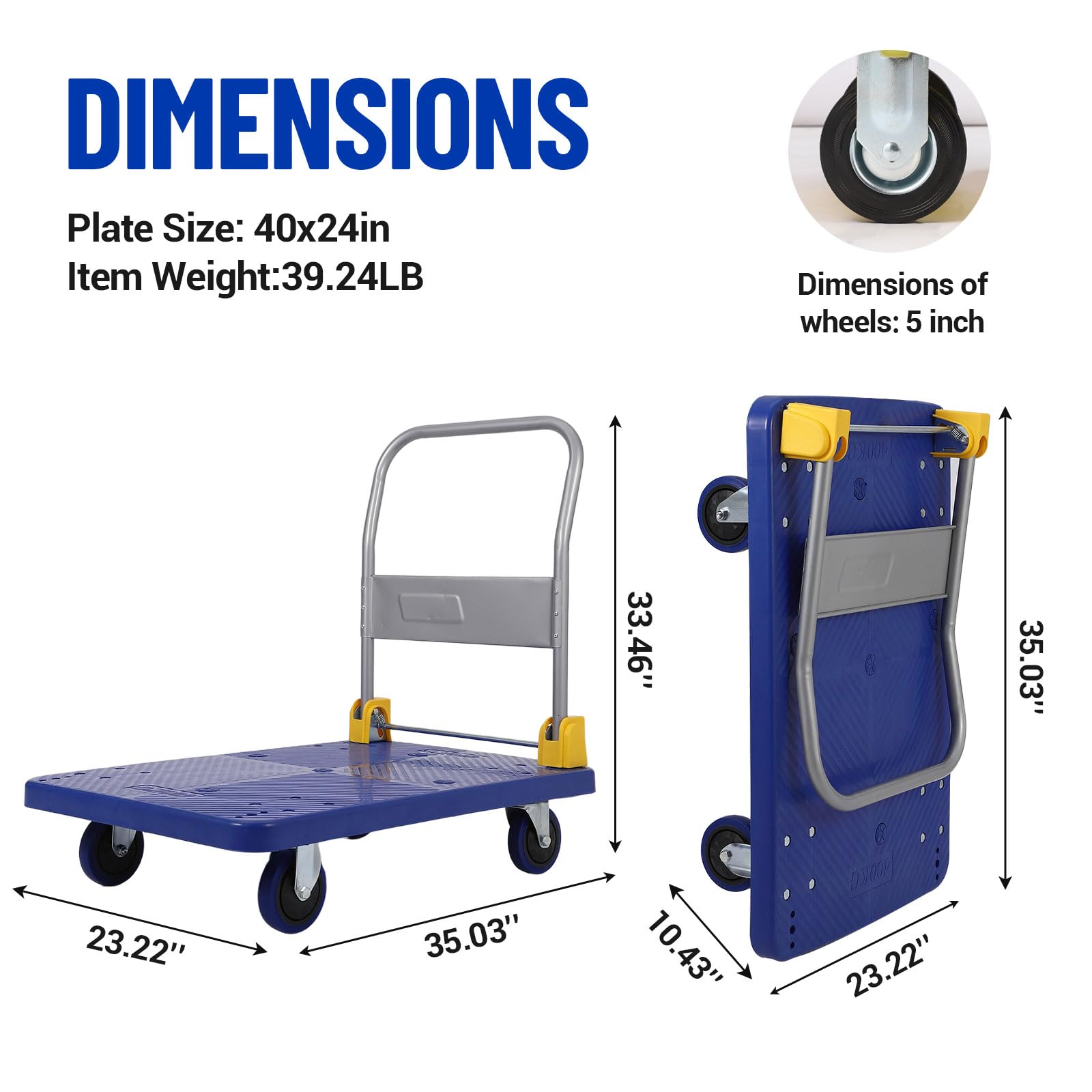 Carrello pieghevole Garvee da 1320 libbre, ruote in acciaio e gomma, per impieghi gravosi, 40x24 pollici, per magazzino e ufficio