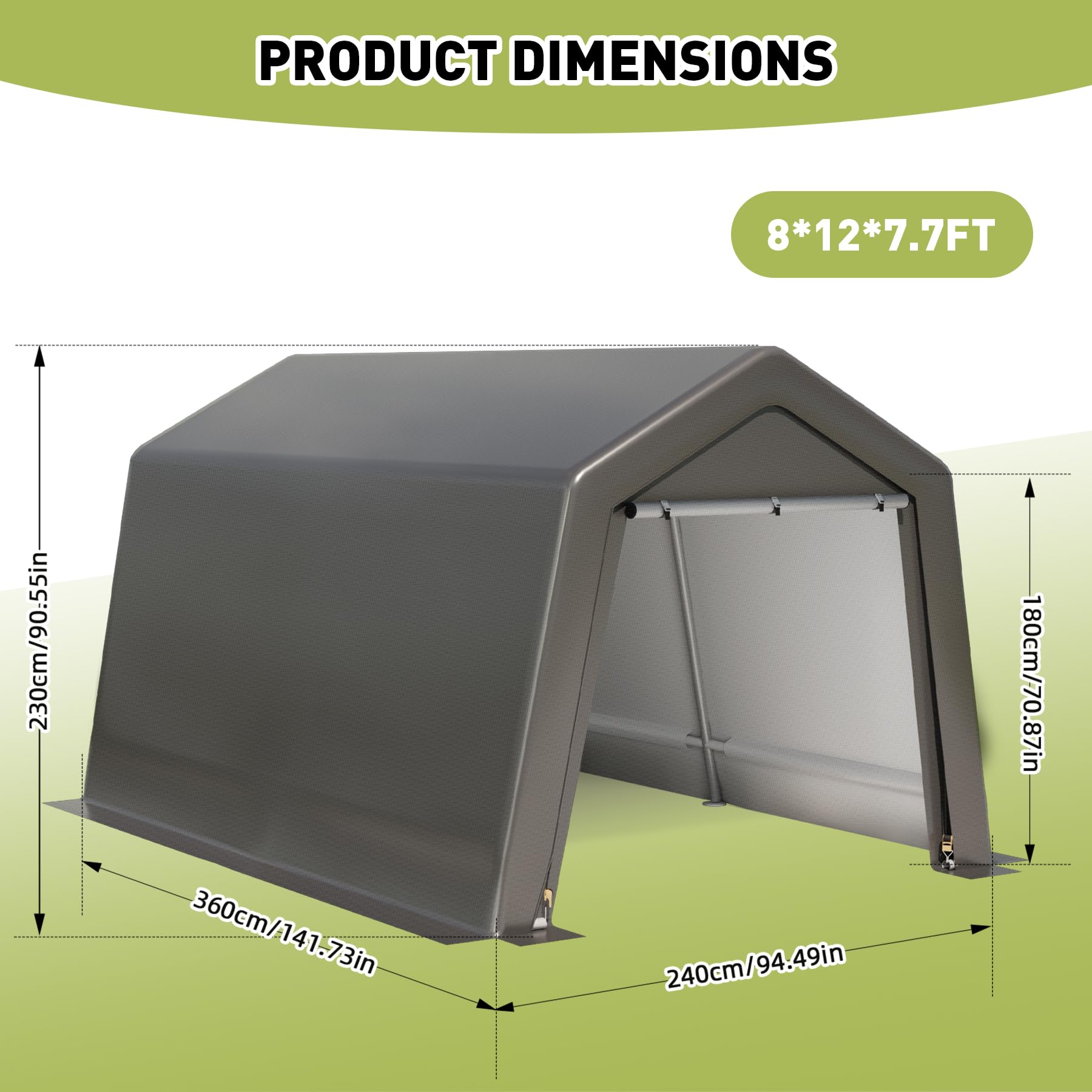 Garvee Capannone portaoggetti portatile per esterni 8x12x7,7 piedi, impermeabile, struttura in metallo, resistente ai raggi UV, per moto e giardino, grigio