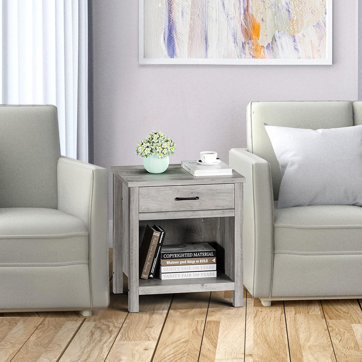 Comodino quadrato Garvee con contenitore, grigio legno, per camera da letto e soggiorno, funzionalità moderna