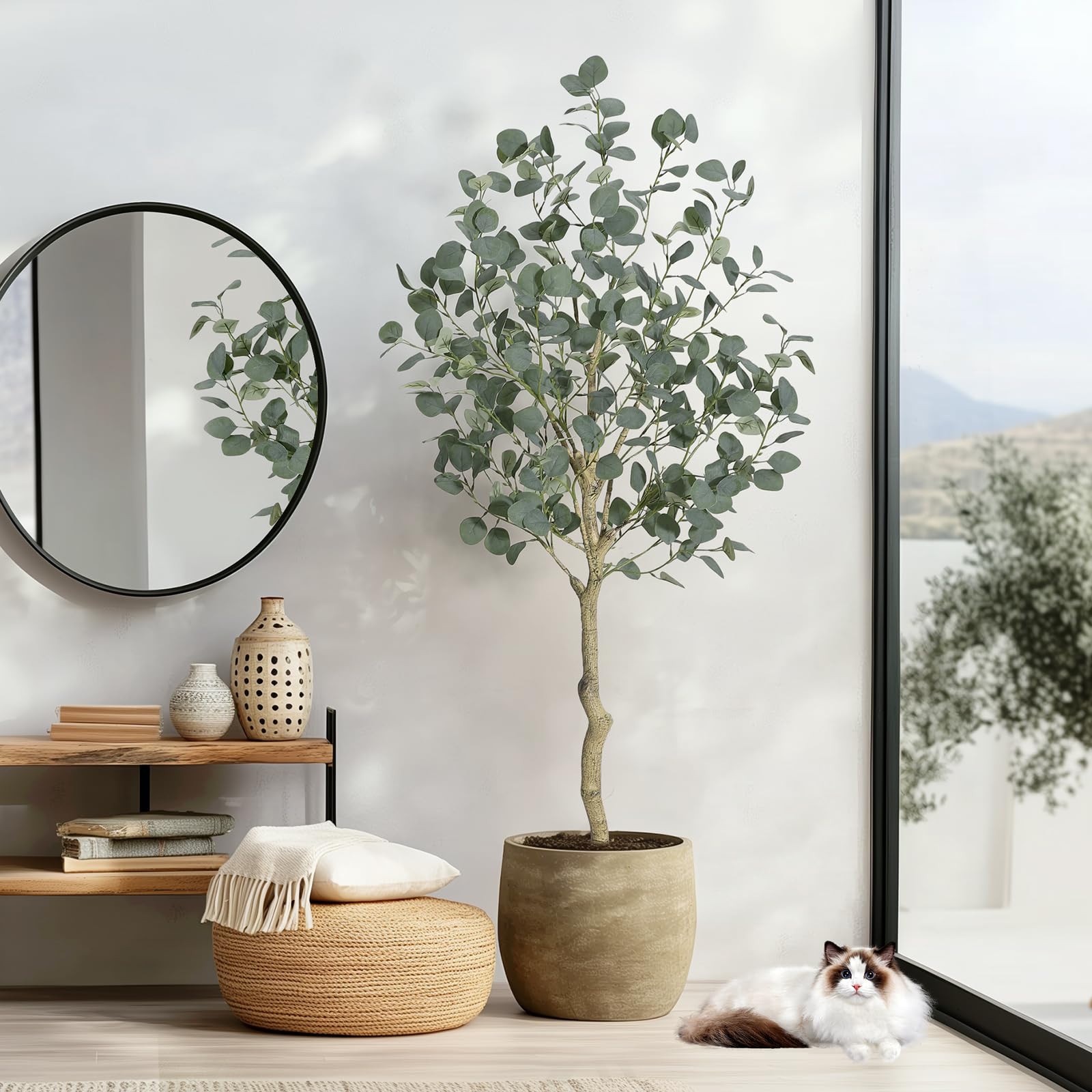 Albero di eucalipto artificiale Garvee alto 1,5 m con foglie di dollaro d'argento per ufficio e soggiorno, resistente ai raggi UV, senza manutenzione, rami regolabili, vaso di plastica