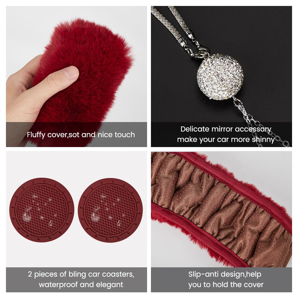 Garvee Set di 6 coprivolante morbidi con coprifreno a mano e portachiavi in peluche per interni auto, bordeaux, elastico, invernale