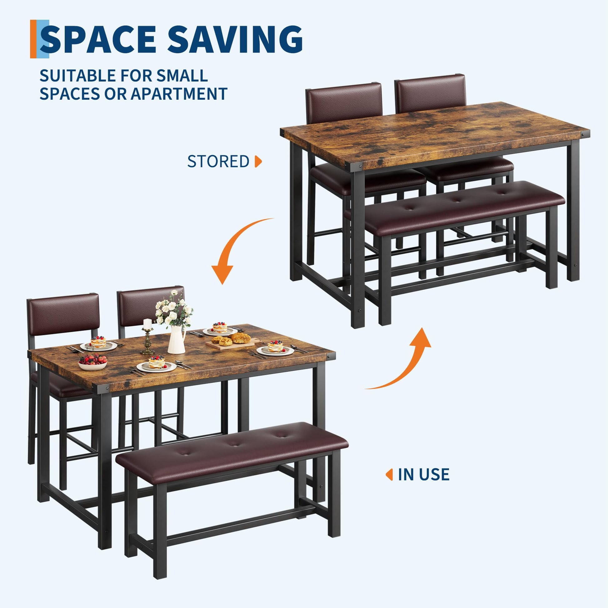 Set pranzo Garvee per 4 persone con seduta e panca imbottite, tavolo in MDF robusto, marrone rustico, salvaspazio per punch piccole