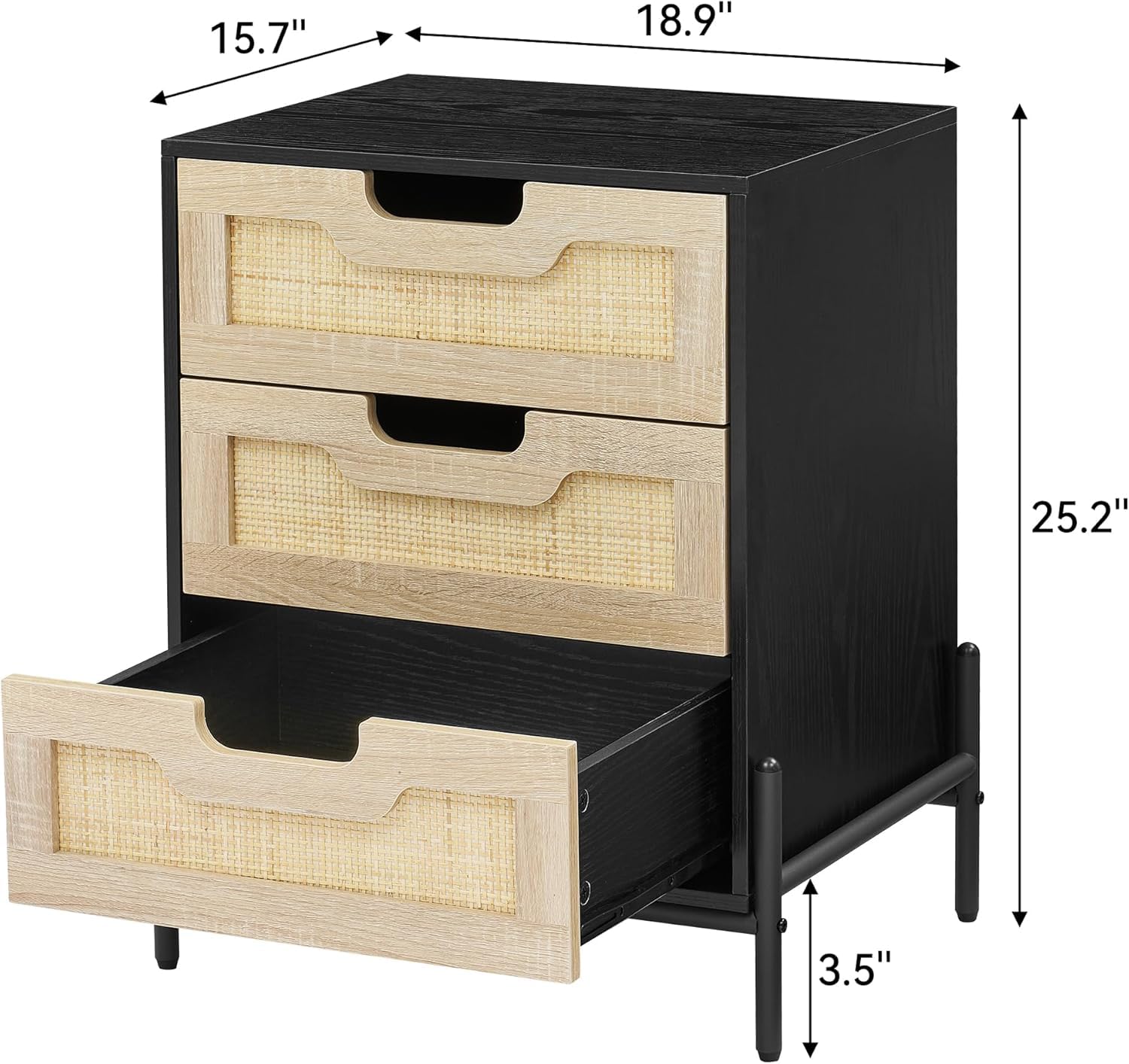Comodino Garvee in rattan con 3 cassetti in vimini naturale, stile moderno, struttura in legno resistente, nero, camera da letto e soggiorno