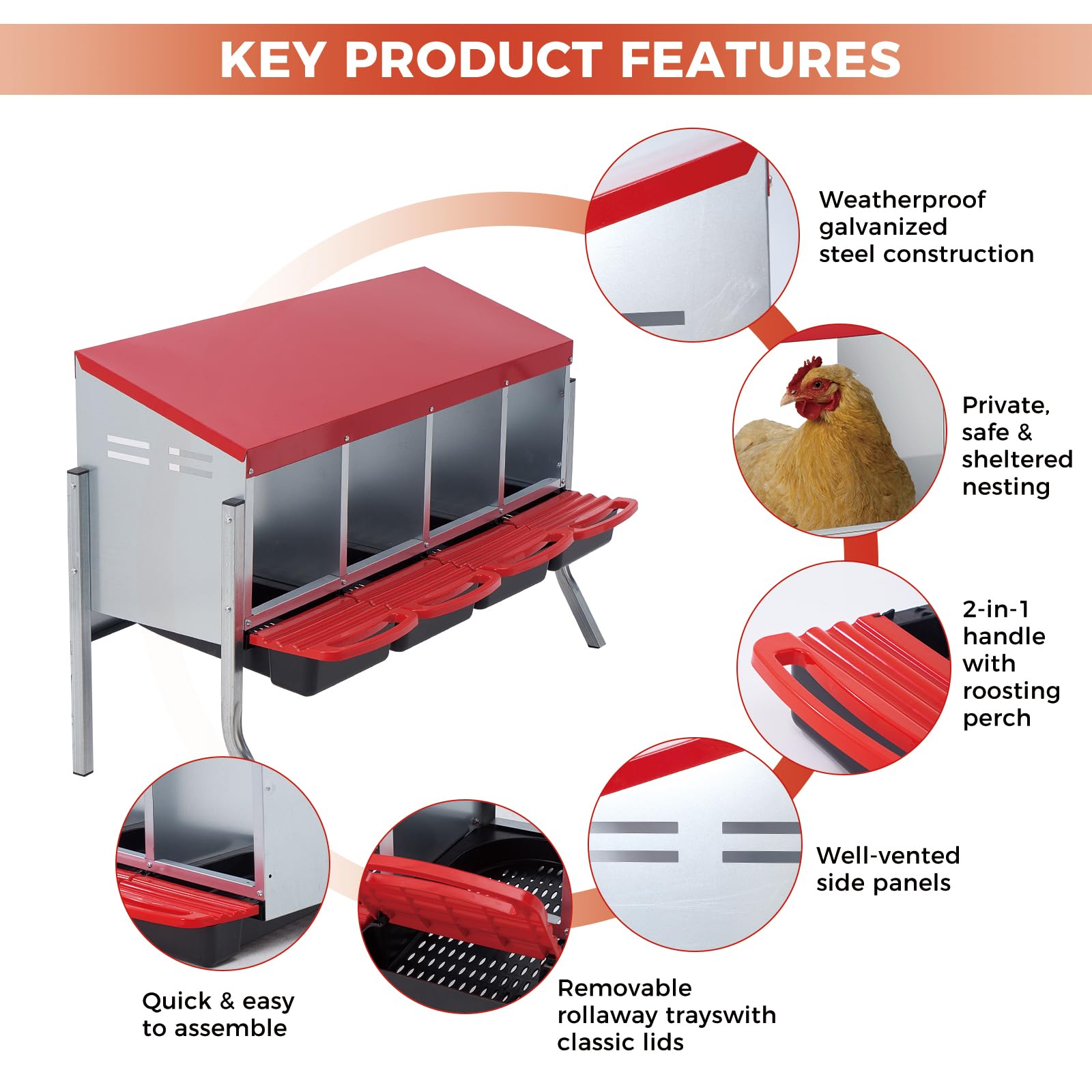 Nido per galline Garvee a 3 fori, in metallo, antiruggine, vassoio rimovibile per fattoria e giardino