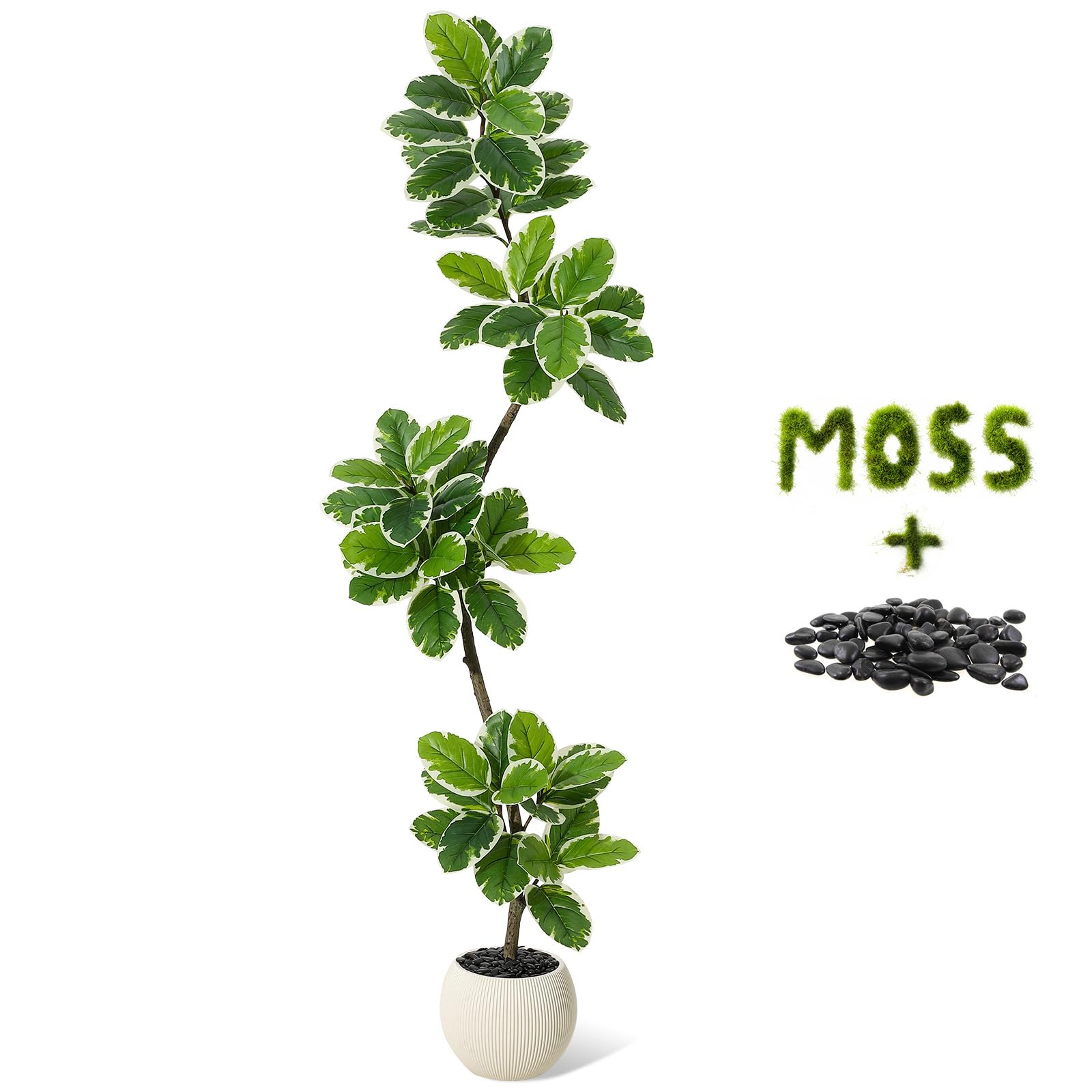 Albero di fico artificiale Garvee a foglia di violino da 6 piedi con fioriera a sfera, decorazione in muschio, foglie flessibili per soggiorno e ufficio, facile da pulire, verde
