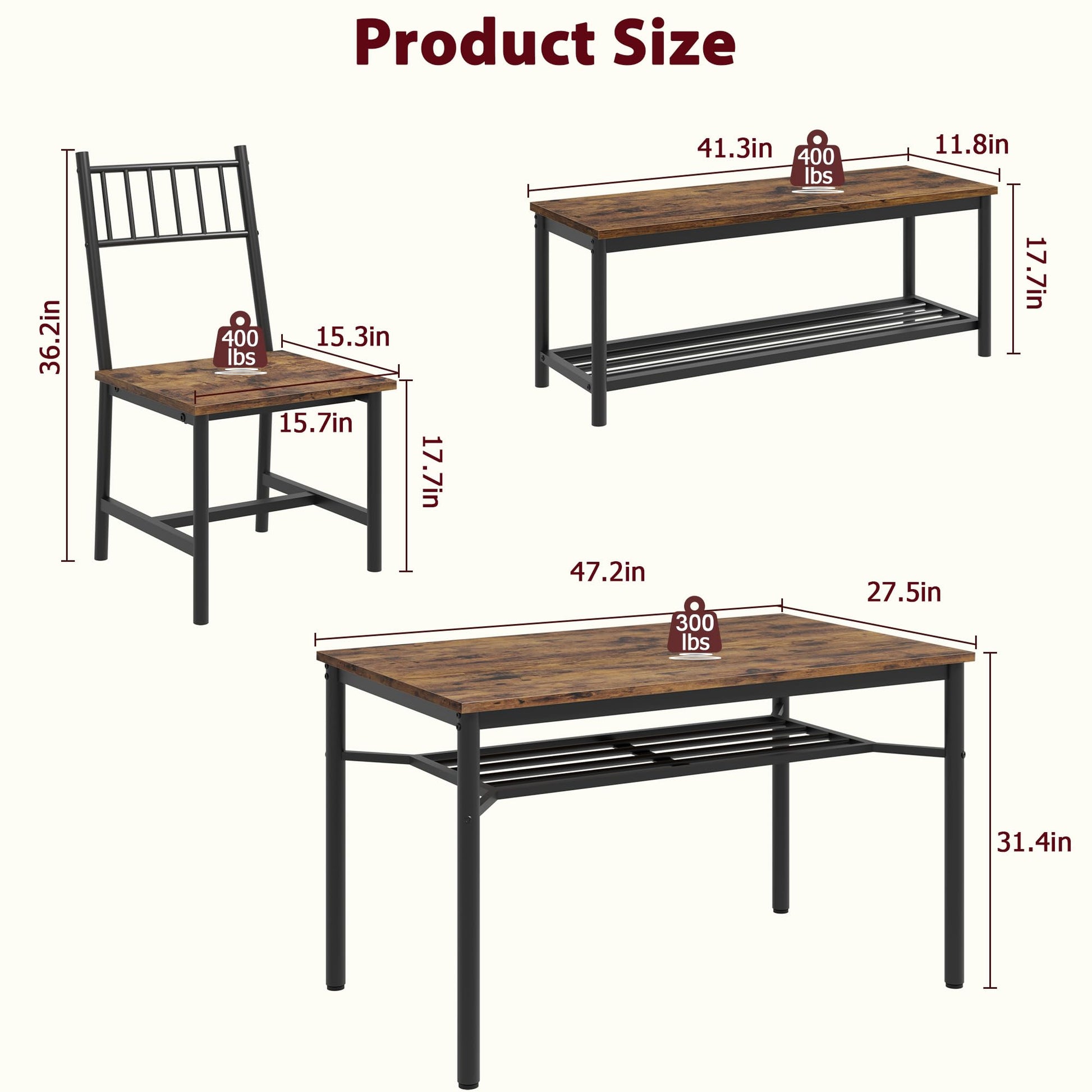 Set da pranzo Garvee per 4 persone con portabottiglie, tavolo rettangolare marrone retrò, MDF e acciaio, salvaspazio, ideale per appartamenti