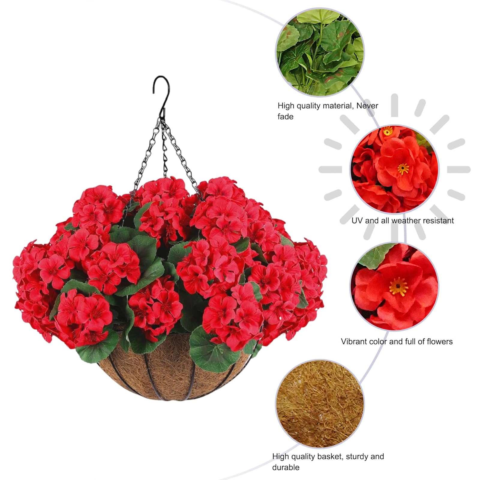 Garvee Set di 2 fiori di geranio artificiali, resistenti alle intemperie, cestino marrone, da appendere, per giardino e patio, realistici, rossi
