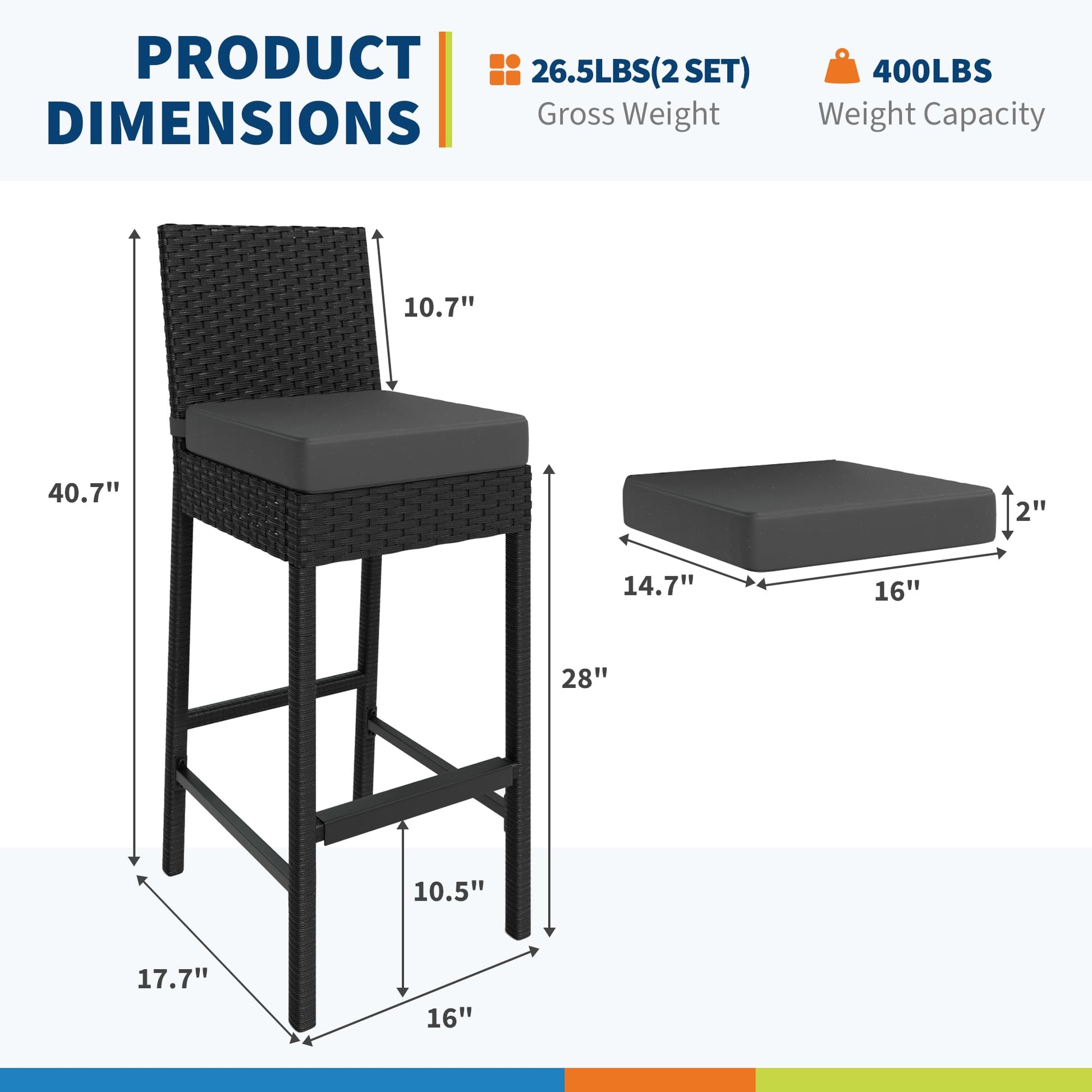 Garvee Wicker Set di 2 sgabelli da bar per esterni ergonomici e robusti in rattan PE e struttura in acciaio per balcone e giardino 16x17,7x40,7 pollici Nero
