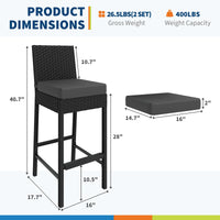 Garvee Wicker Set di 2 sgabelli da bar per esterni ergonomici e robusti in rattan PE e struttura in acciaio per balcone e giardino 16x17,7x40,7 pollici Nero