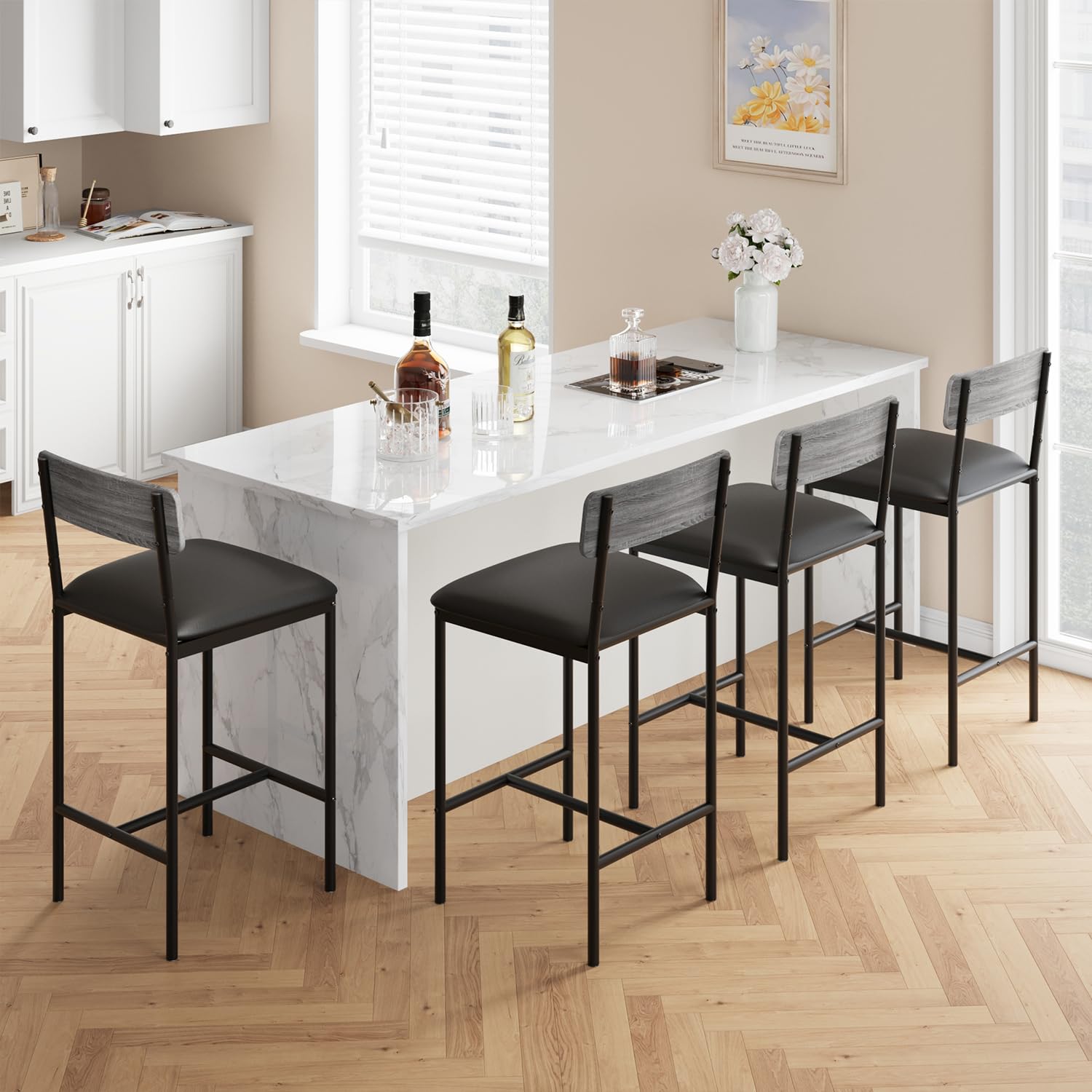 Set di 2 ripiani nel bar Garvee con binari e poggiapiedi, imbottiti, robusti MDF e acciaio, grigio rustico, per cucina isola e bar