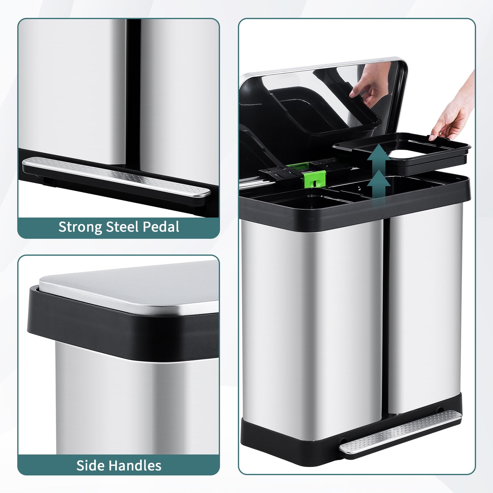 Pattumiera da cucina Garvee 2 x 36L Sistema di separazione dei rifiuti Pattumiera a pedale in acciaio inossidabile Doppio scomparto Senza contatto Basso rumore Argento