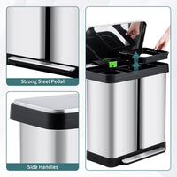 Pattumiera da cucina Garvee 2 x 36L Sistema di separazione dei rifiuti Pattumiera a pedale in acciaio inossidabile Doppio scomparto Senza contatto Basso rumore Argento