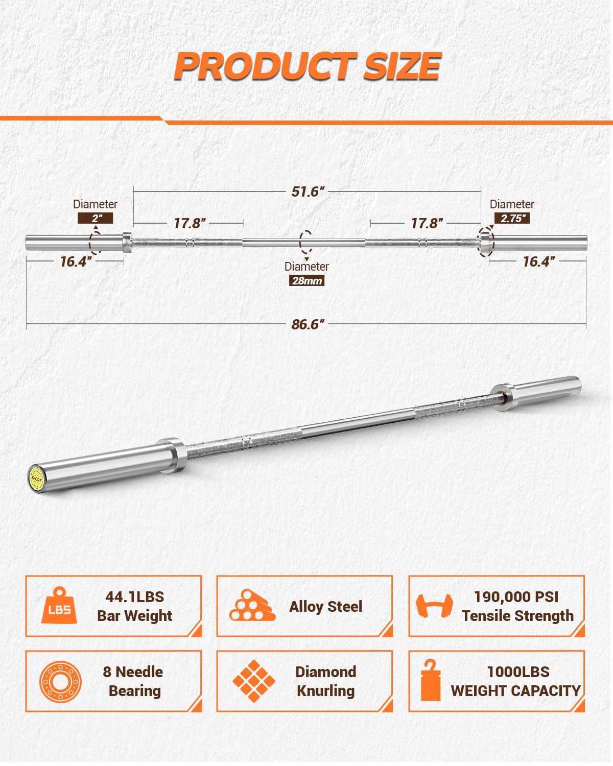 Bilanciere Olimpico Garvee 7 Piedi per Festa del Papà | 1000 Libbre, Impugnatura Precisione, Acciaio Giapponese Cromato, Palestra Domestica 2"