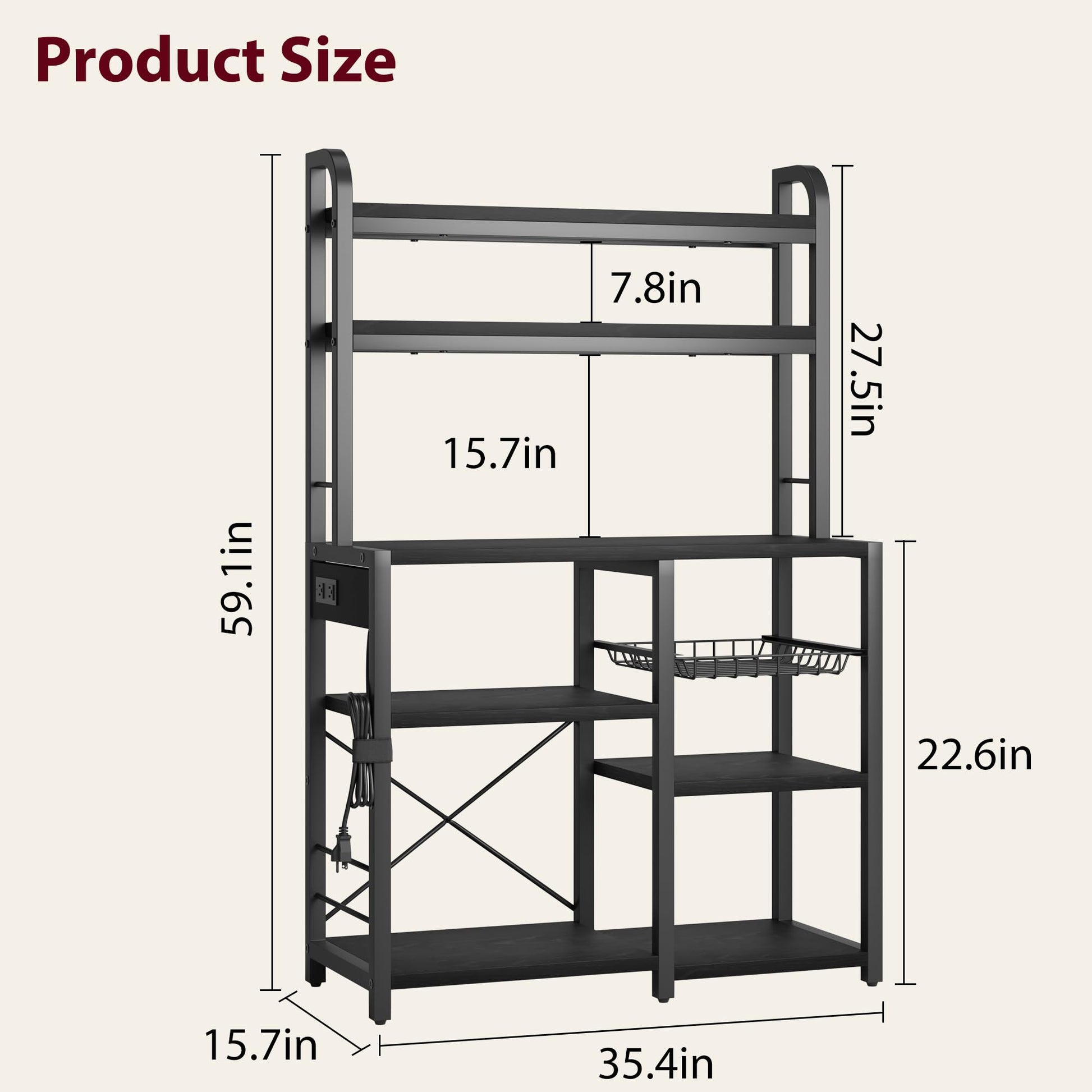 Scaffale Garvee Bakers a 5 ripiani con presa di corrente per cucina e bar, 35,41" L x 15,71" W x 59,12" H, nero, struttura in legno e metallo