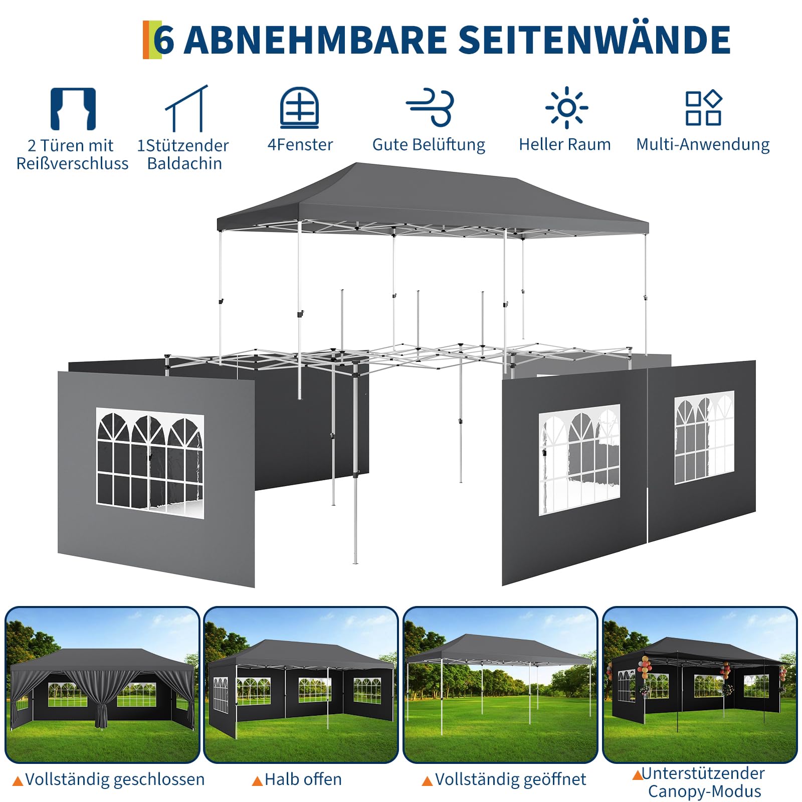 Gazebo 3x6M pieghevole Garvee Heavy Duty tenda a baldacchino con 6 pannelli laterali rimovibili per feste commerciali, altezza regolabile, grigio