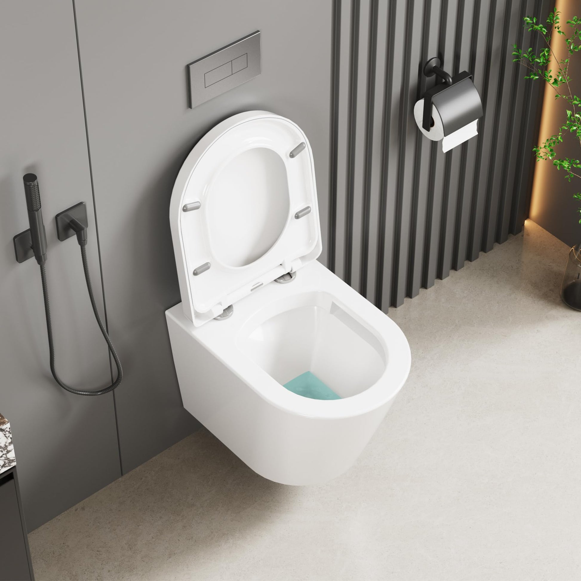 Sedile WC sospeso GARVEE, a D, 51 cm, bianco | Ceramica, meccanismo di chiusura ammortizzata | Per bagni moderni