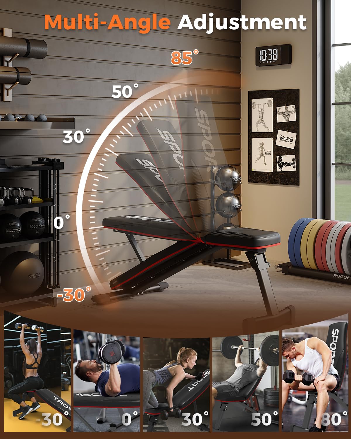 Panca pesi regolabile Garvee, inclinazione a 5 posizioni, per uso domestico, 660 libbre, struttura in acciaio, pieghevole, imbottita, antiscivolo, salvaspazio