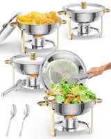 Garvee 5QT Set da 4 pezzi Chafing Dish Buffet in acciaio inox Piatti riscaldanti rotondi con coperchi e supporti per catering, matrimoni, feste, argento - argento