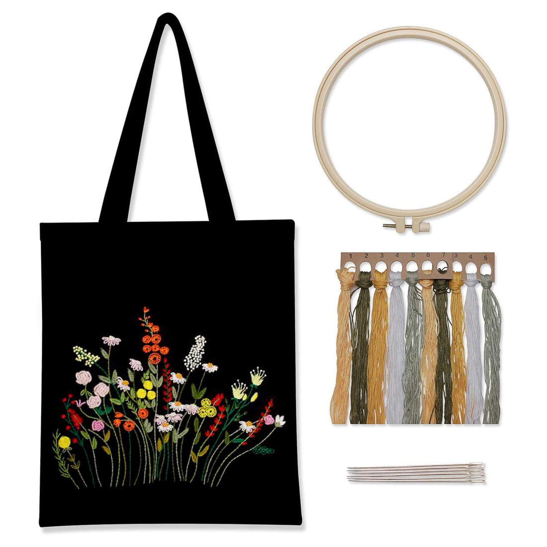 Kit per ricamo a punto croce fai da te per borse in tela Garvee per principianti con schema e istruzioni, borsa in tela con ricamo a punto croce fatto a mano, con telaio da ricamo, fili e strumenti, nero