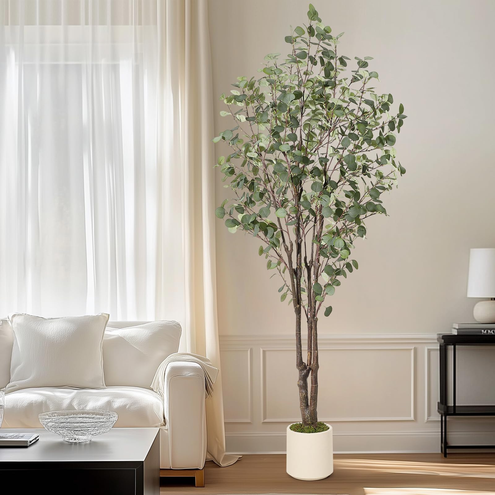Albero di eucalipto artificiale Garvee da 2.1 m con 100 luci LED, rami regolabili, vaso di plastica bianco, decorazione per interni e finestre