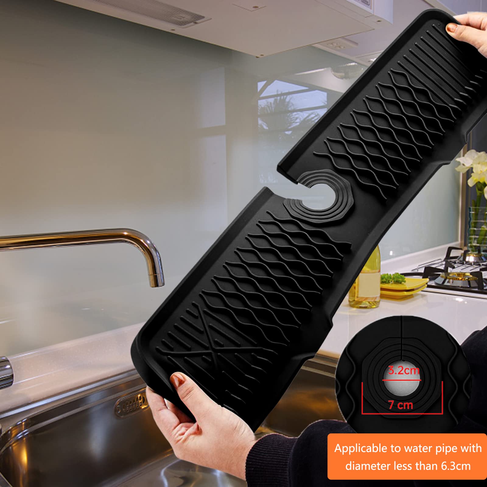 Tappetino raccogli gocce in silicone per rubinetto Garvee 61 x 14 x 0,5 cm, nero, per cucina, bagno, lavello, dispenser di sapone