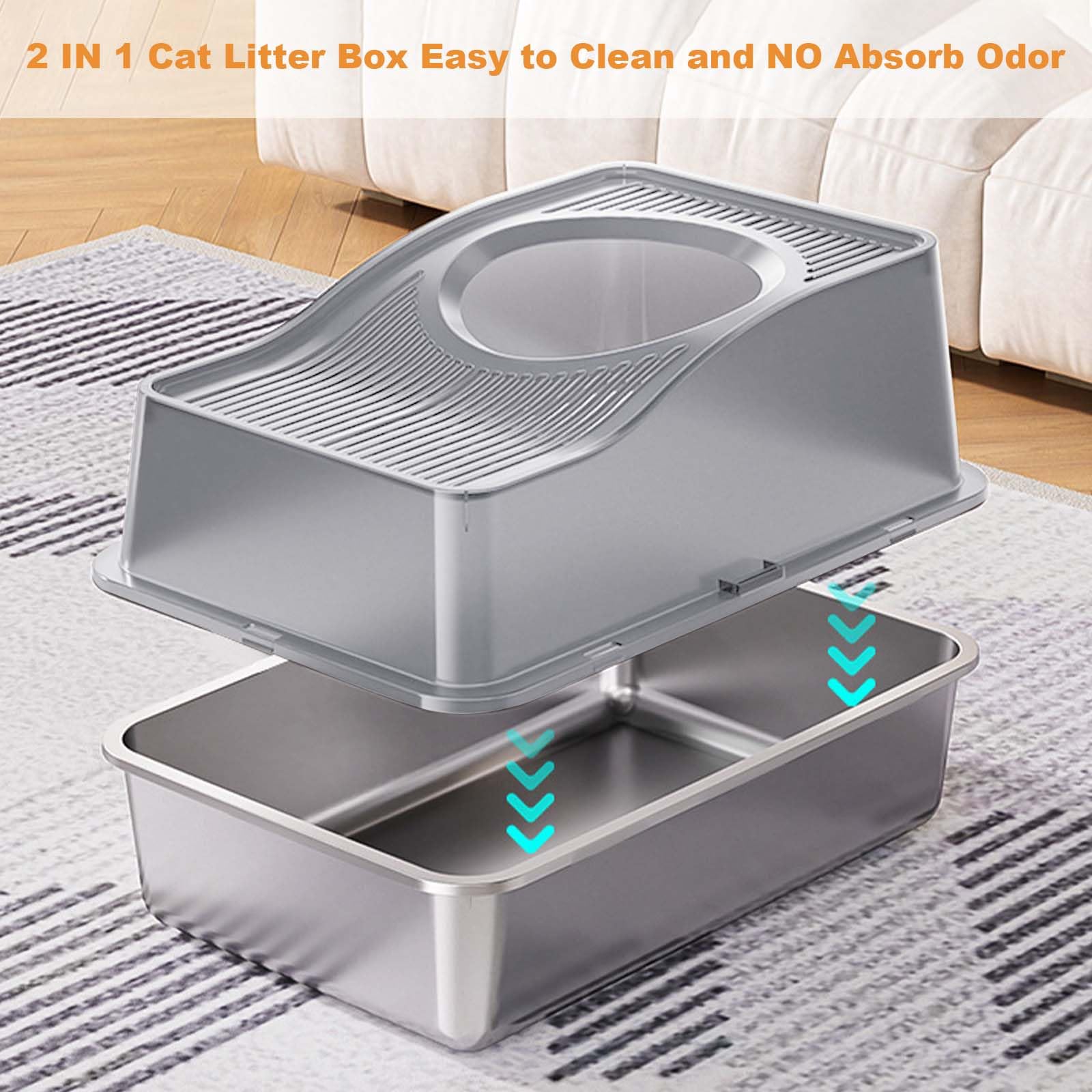 Lettiera per gatti Garvee in acciaio inox extra large con controllo degli odori, antigraffio, rimovibile, antiscivolo, per uso domestico, grigia, design con ingresso dall'alto