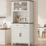 Mobile dispensa da cucina alto Garvee da 182.88 cm con scomparto per microonde, spazio di archiviazione, legno, cassetti, ante in vetro, bianco, sala da pranzo