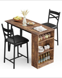 Set tavolo da bar Garvee da 3 pezzi con funzione pieghevole, spazio di archiviazione, acciaio e legno, cuscini ergonomici, marrone, per cucine piccole