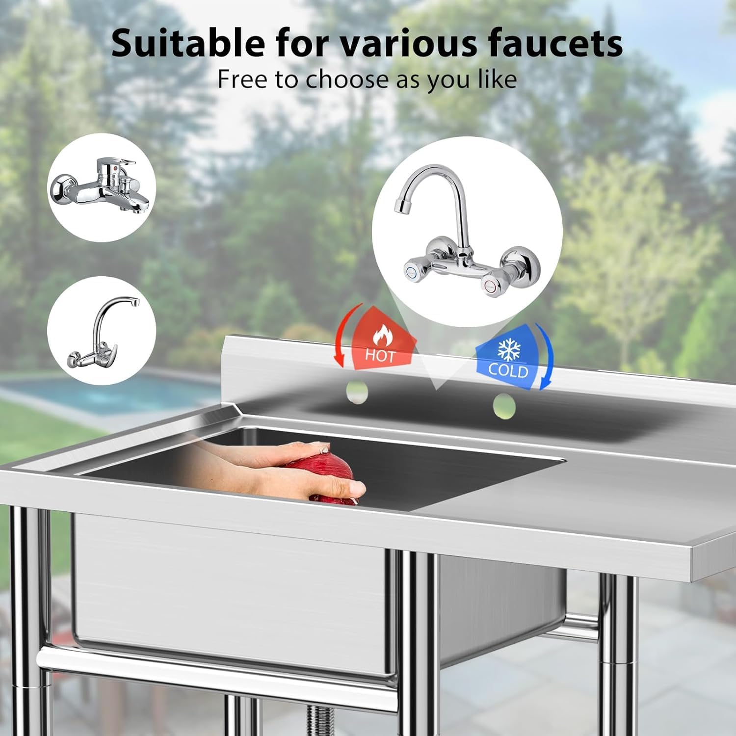 Lavello di servizio in acciaio inossidabile Garvee 91 × 53 × 101 cm Tavolo da lavoro in acciaio inossidabile 304 Garage da cucina 2 ripiani Rubinetto girevole