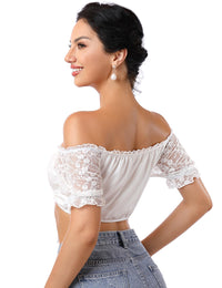 Camicetta Dirndl Garvee in pizzo bianco da donna, camicetta tradizionale, manica corta, spalle scoperte, per l'Oktoberfest, taglia 42