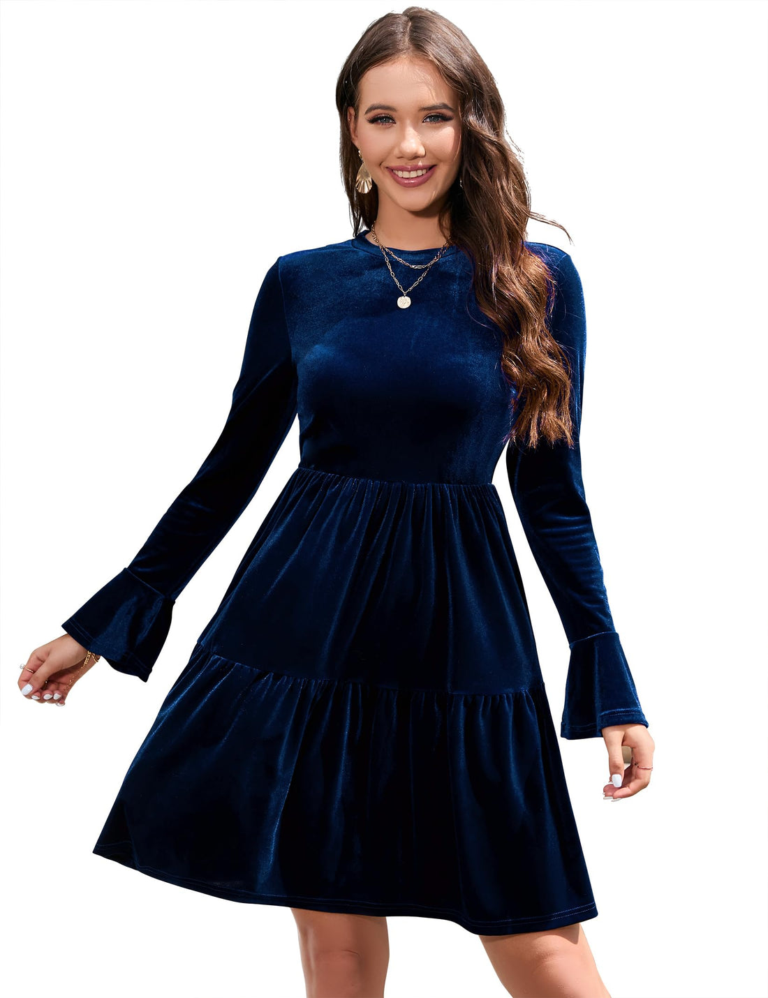 Garvee - Elegante abito invernale in velluto da donna, manica lunga, scollo rotondo, mini abito con volant, blu scuro, XL