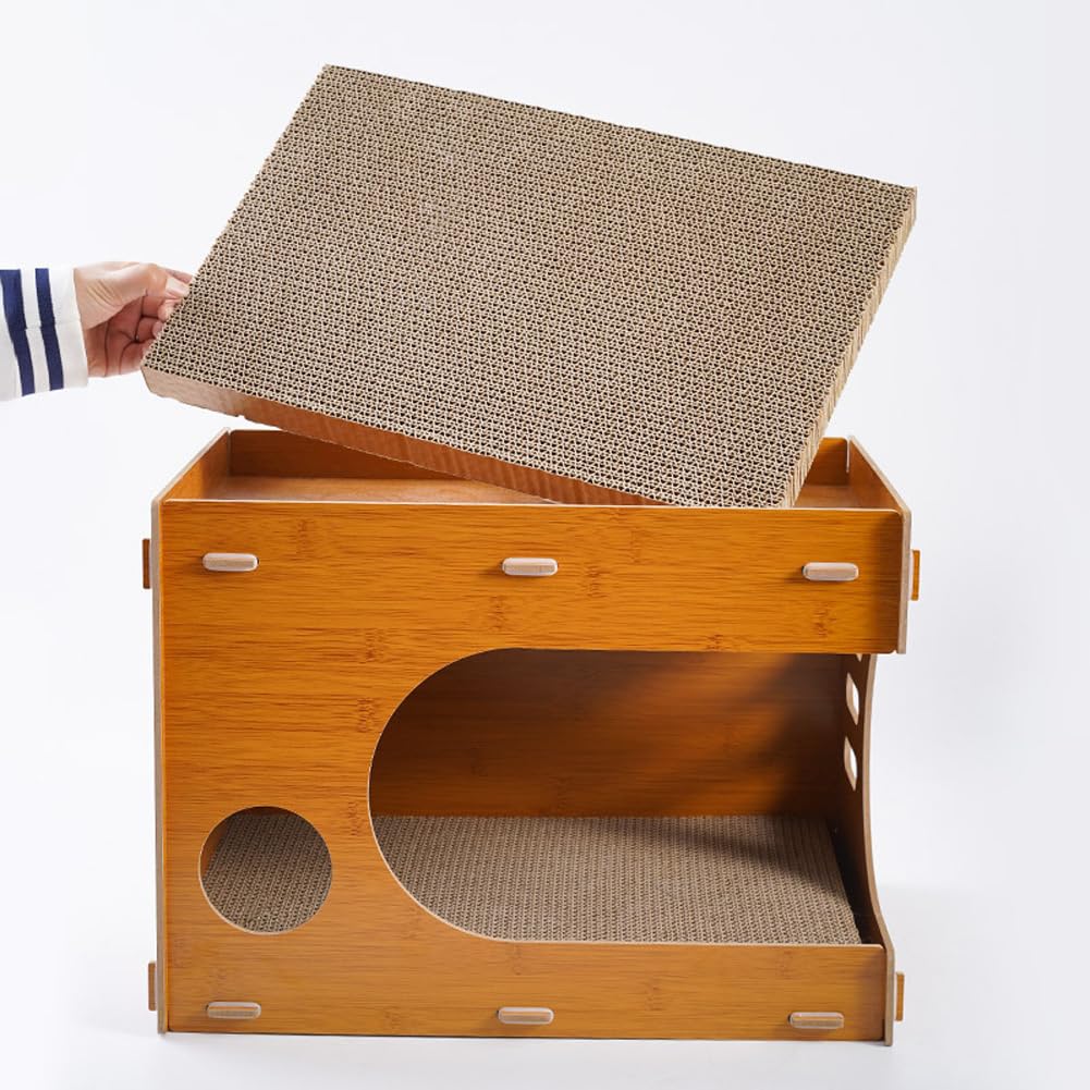 Tiragraffi Garvee 2 in 1 con cartone ondulato rimovibile, cuccia per gatti di piccola e media taglia, 46 cm in legno e cartone, marrone