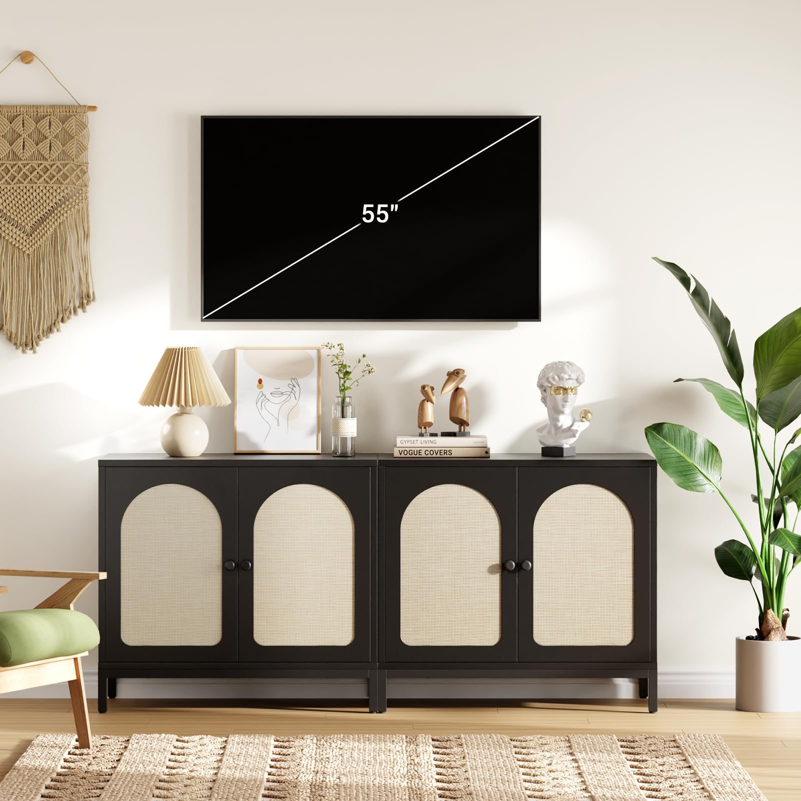 Credenza in rattan Garvee con ante in rattan, ripiani regolabili, truciolato, piedini in metallo per sala da pranzo e corridoio, colori naturali