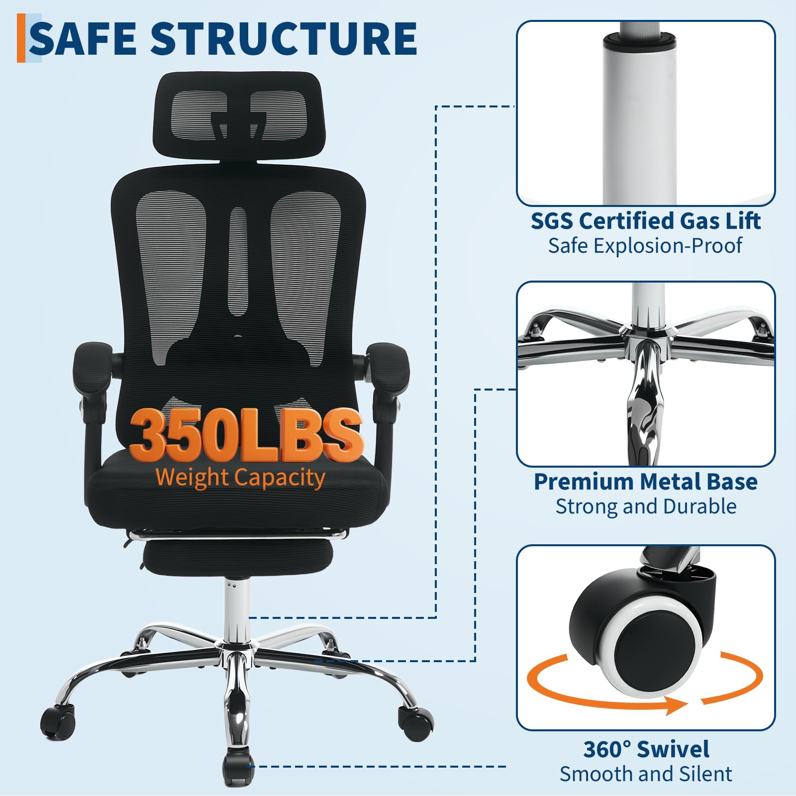 Sedia da ufficio ergonomica Garvee in rete con schienale alto, poggiatesta regolabile, poggiapiedi per ufficio e camera da letto, altezza regolabile, traspirante, rotelle, nera