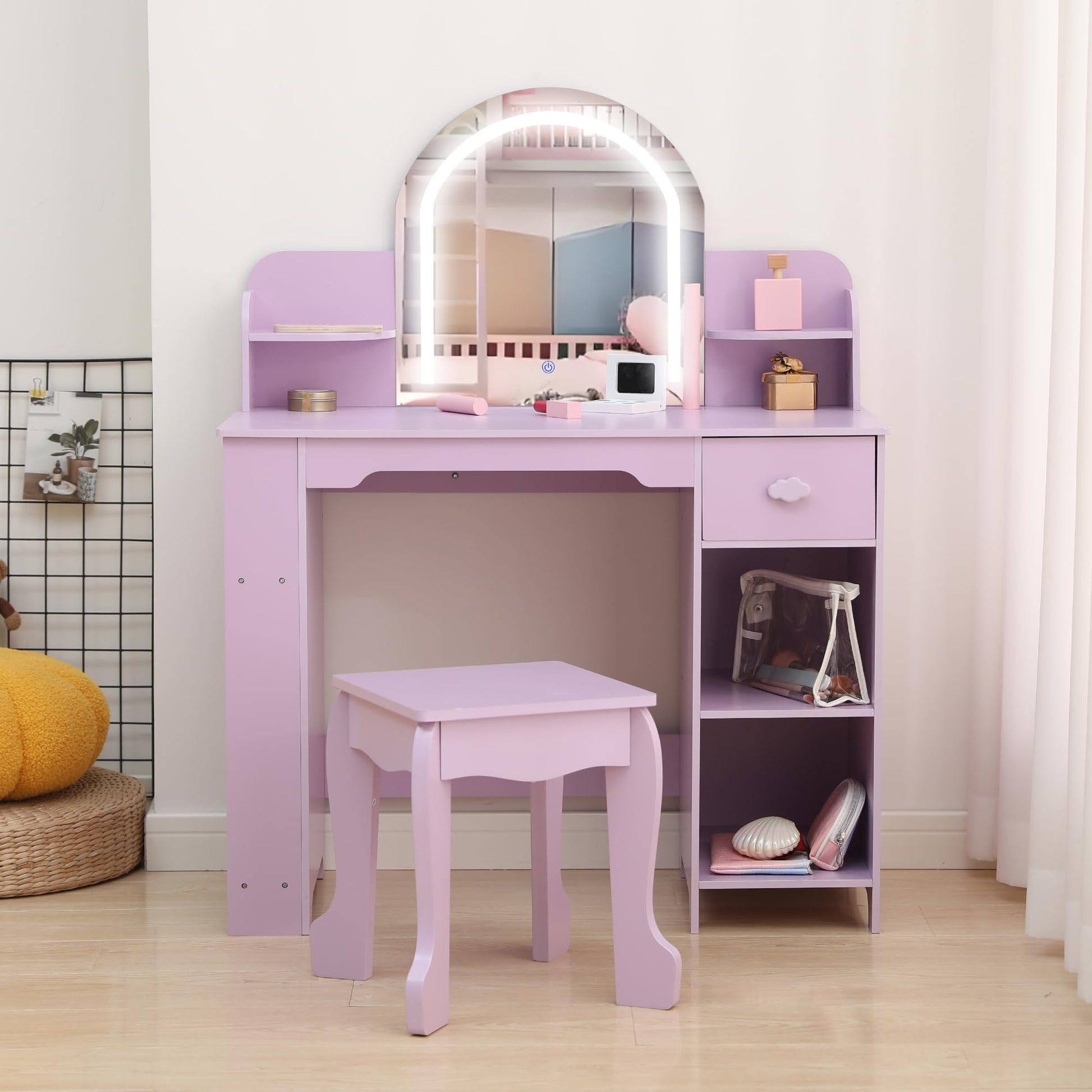 Tavolo da toeletta per bambini Garvee con luce LED e sgabello, regolabile, MDF, viola, per bambine dai 3 ai 9 anni, sala giochi