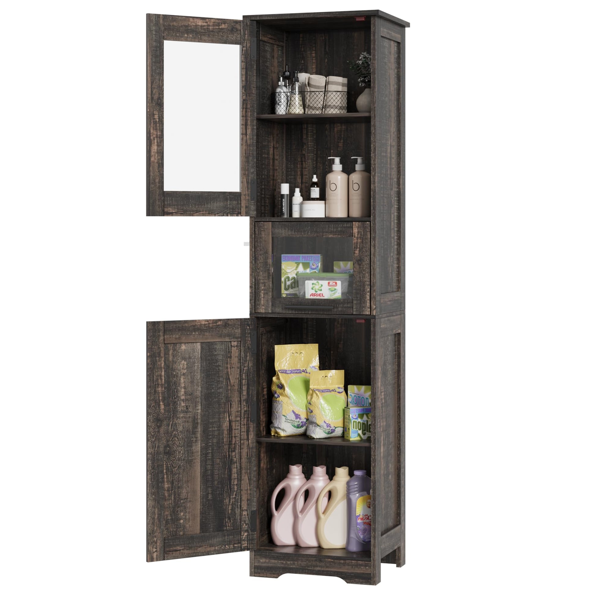 Mobiletto da bagno alto e sottile Garvee con ante, ripiani regolabili, MDF, design retrò in vetro, rovere scuro per piccoli spazi e soggiorni