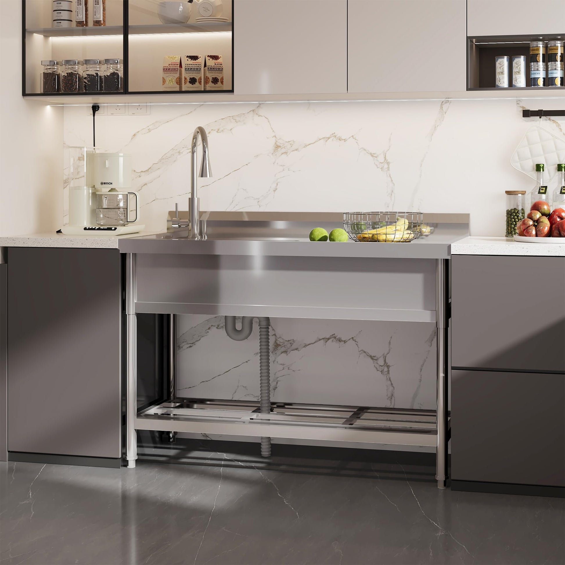 Lavello da cottura industriale Garvee in acciaio inox dalle grandi dimensioni 120x51x94cm Lavello da cottura industriale in robusto acciaio inox e con elevata capacità di carico per applicazioni professionali