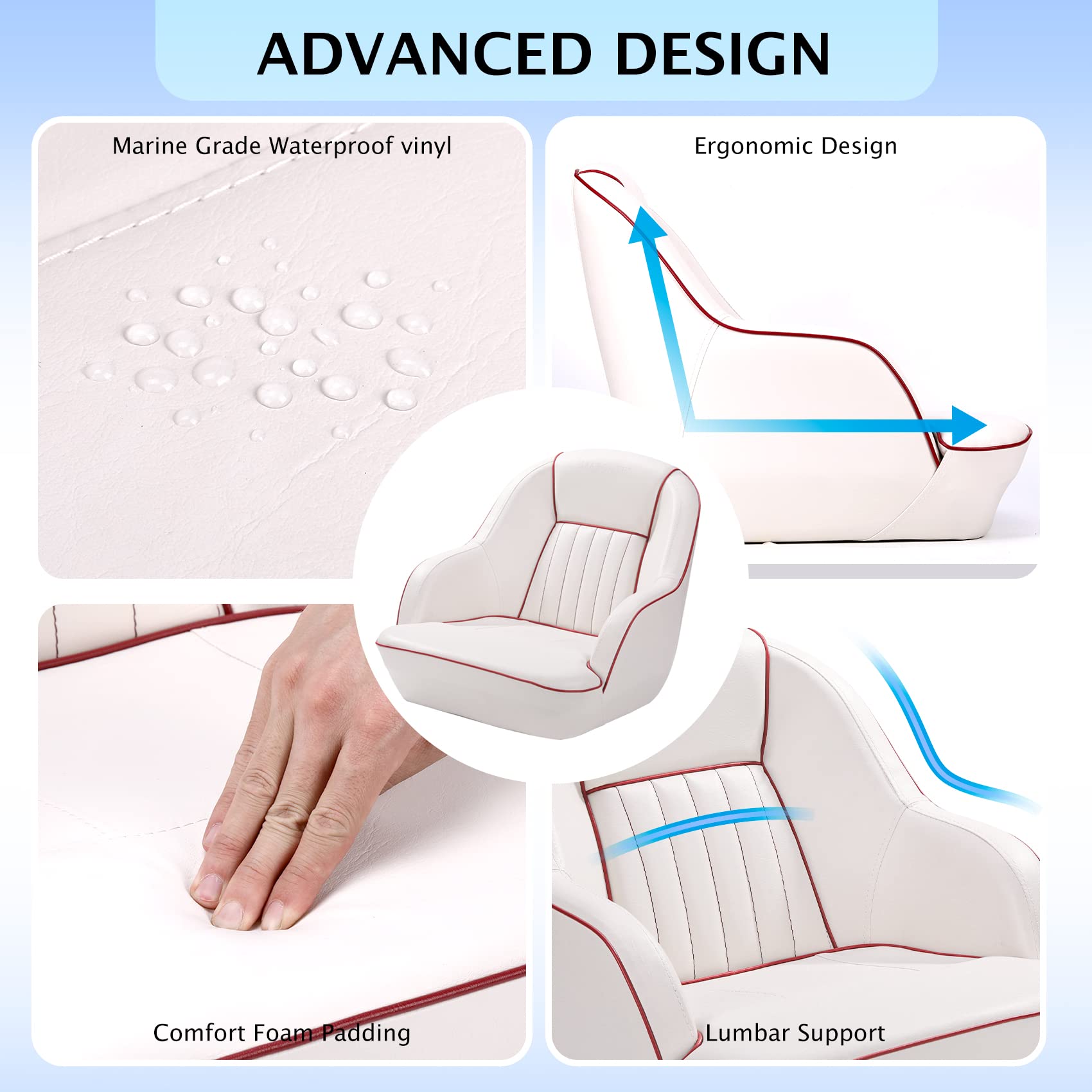 Sedile ergonomico per capitano di barca pontone Garvee in vinile resistente ai raggi UV per barche da pesca e da diporto 19,5x22x21,5 bianco