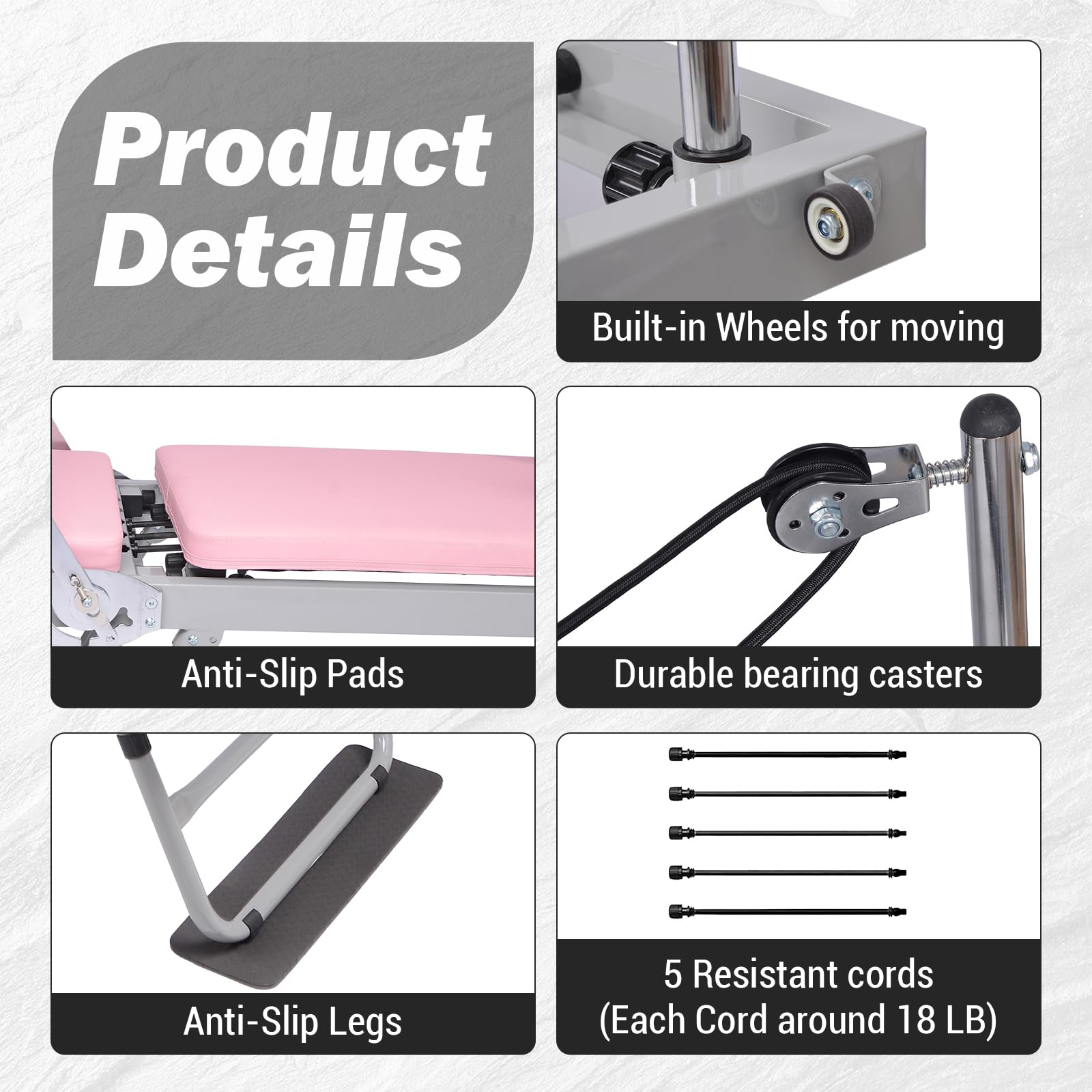 Garvee Pilates Reformer Machine Rosa Pieghevole con Fasce di Resistenza per Fitness a Casa 77,55" X 22,44" X 28,54"