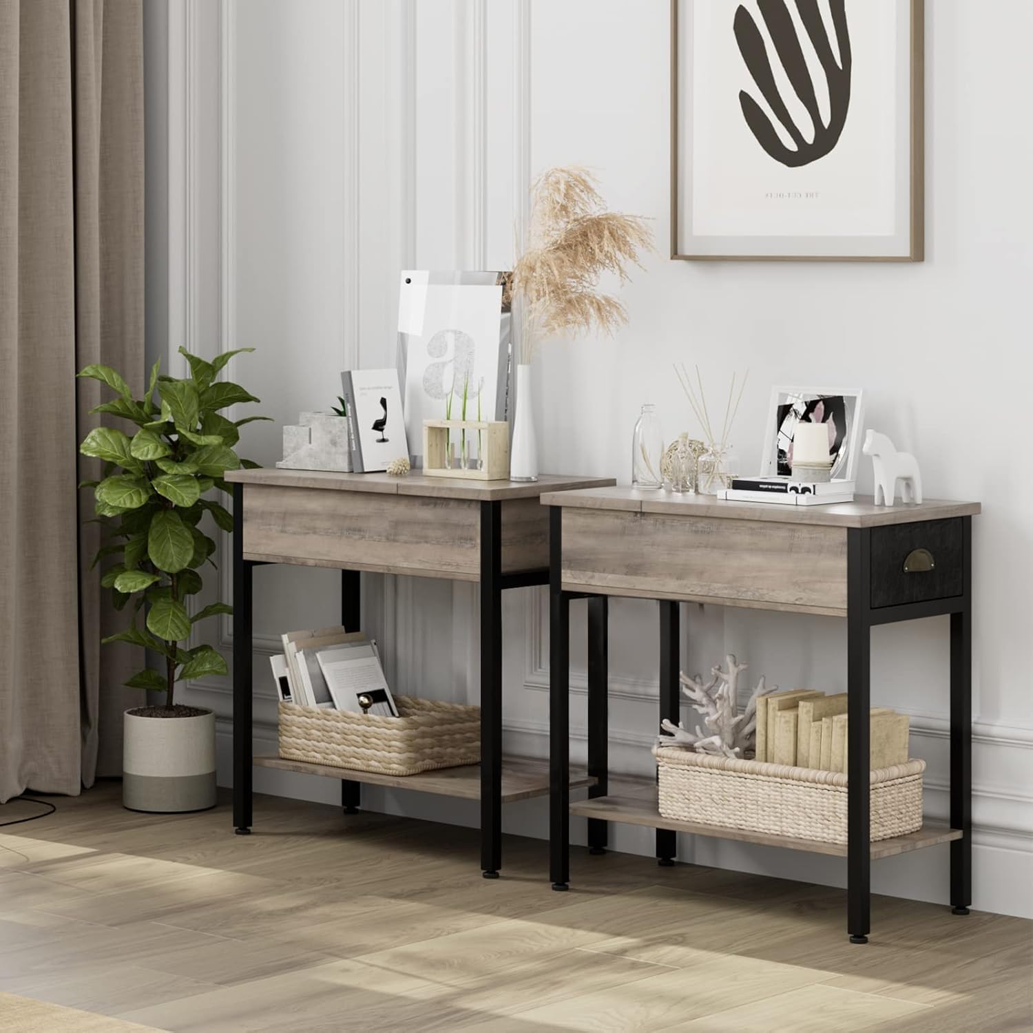 Tavolino laterale GARVEE con cassetto e tasca in tessuto - Comodino versatile in stile retrò per soggiorno e camera da letto (60x32x60 cm, grigio)