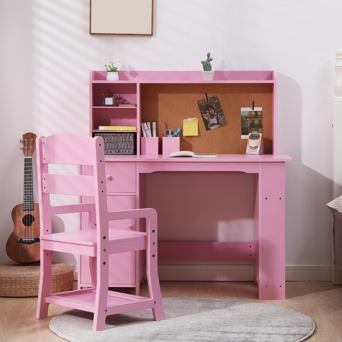 Set da scrivania per bambini Garvee con ripiano e cassetto per ragazzi e ragazze, dai 3 agli 8 anni, in legno, rosa, per l'apprendimento e la sala giochi