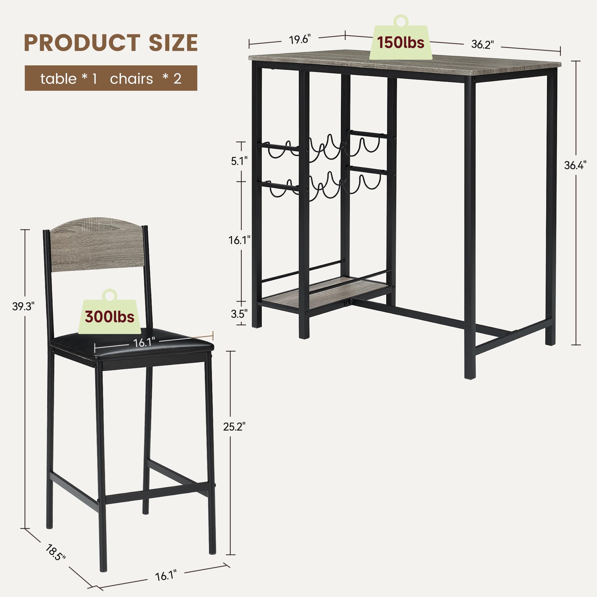 Set tavolo da bar Garvee per 2 persone con poggiapiedi, sedie imbottite, metallo robusto e MDF, grigio, per cucina e bar