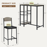 Set tavolo da bar Garvee per 2 persone con poggiapiedi, sedie imbottite, metallo robusto e MDF, grigio, per cucina e bar