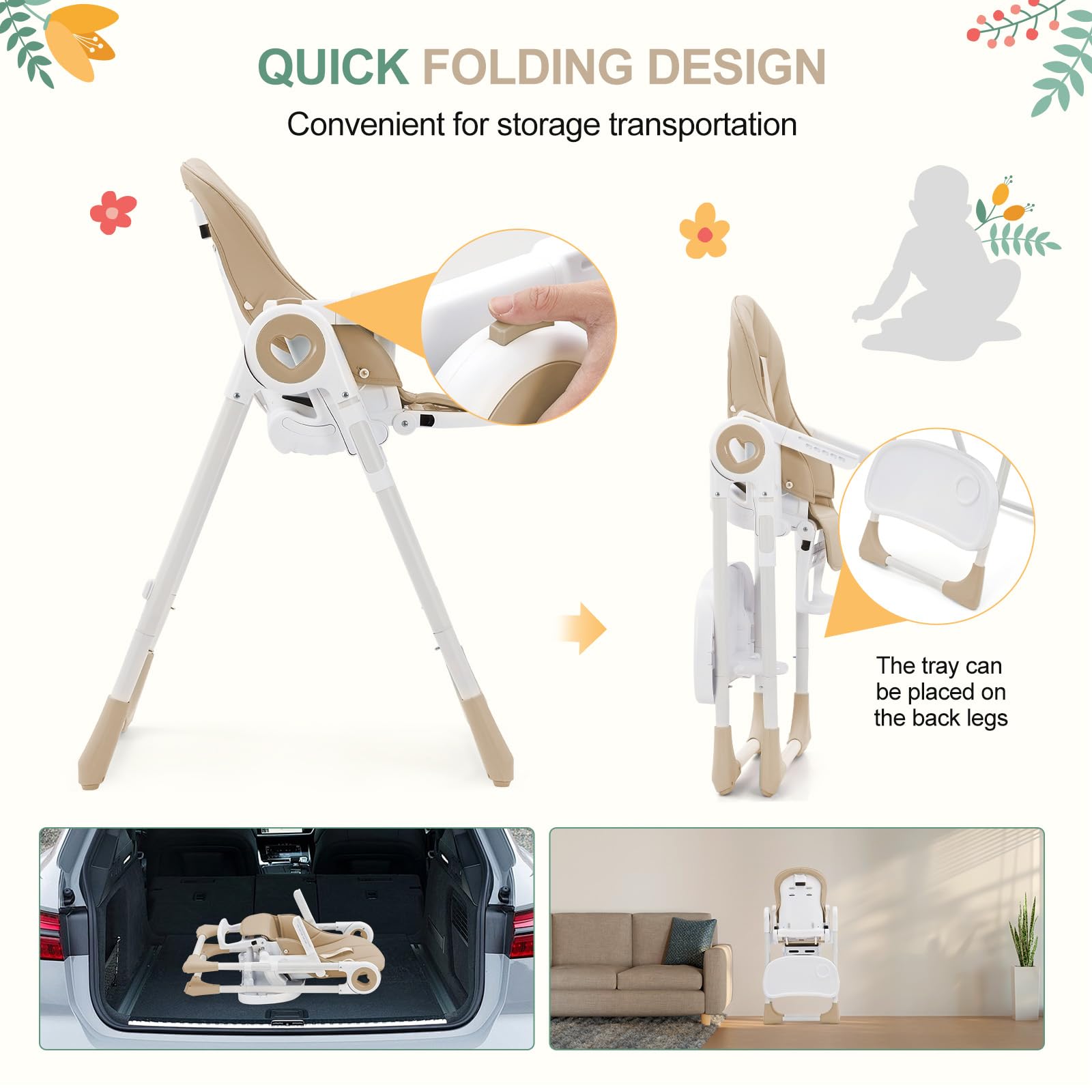 Seggiolone pieghevole Garvee per bambini dai 6 ai 36 mesi, leggero, cintura di sicurezza a 5 punti, vassoio rimovibile, beige, cucine piccole