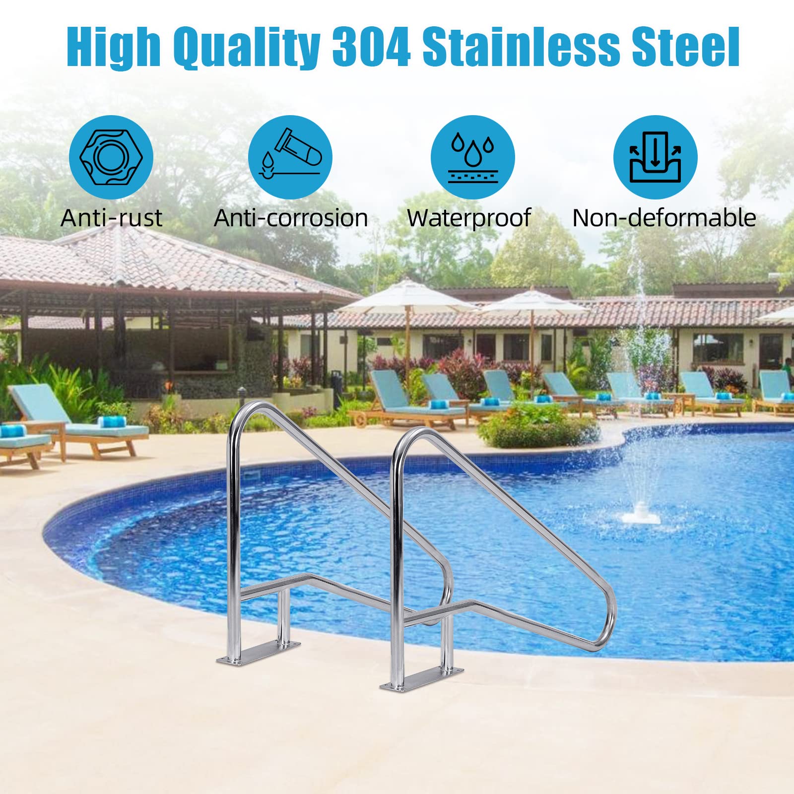 Corrimano per piscina Garvee 55"x32" in acciaio inossidabile 304, antiruggine, maniglia blu, base robusta per piscine interrate, capacità di carico di 385 libbre