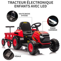 Trattore elettrico per bambini Garvee 12V con rimorchio staccabile, telecomando, doppi motori, fari a LED per giardino e cortile, 6 pneumatici, multicolore